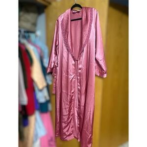 AS IS Pink Satin Lace Trim Long Robe Loungewear Nightgown Vintage Medium